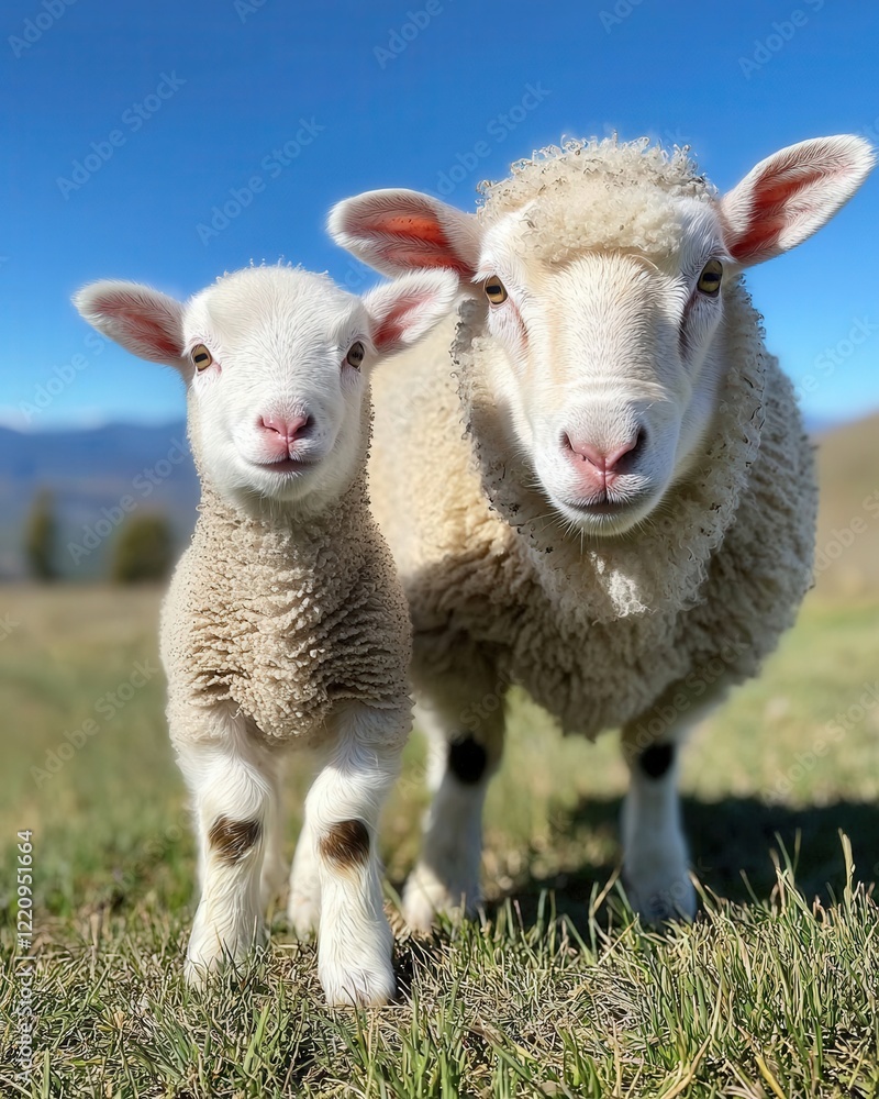 Obraz premium A fluffy lamb standing next to its mother in a green pasture under a clear blue sky