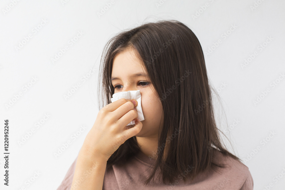 Young girl, child 8 years old, using a tissue to wipe her nose, isolated against a white background, portraying health, illness, or allergy-related issues, close up portrait Young girl, child 8 years old, using a tissue to wipe her nose, isolated against a white background, portraying health, illness, or allergy-related issues, close up portrait