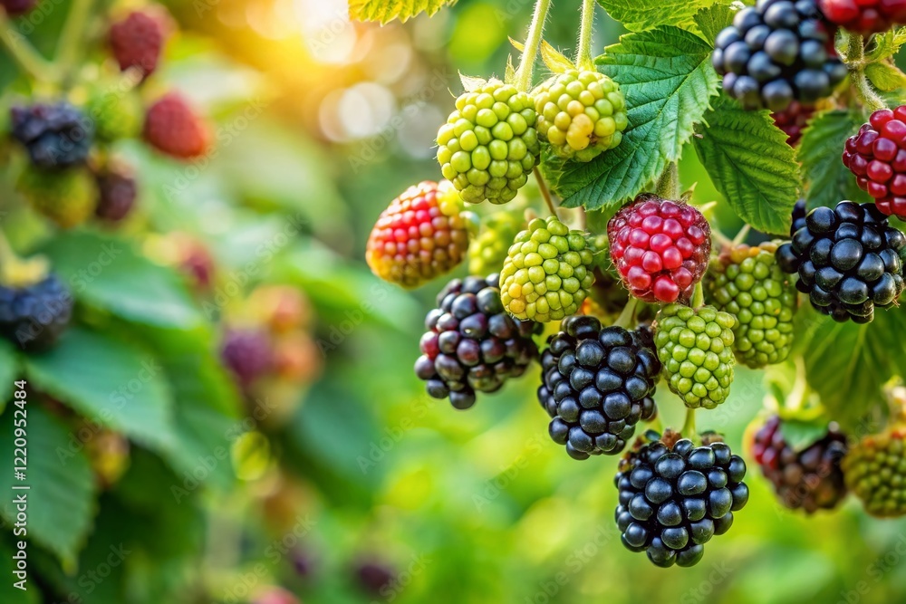 Ripening Green Blackberries on the Vine, Abundant Garden Harvest Ripening Green Blackberries on the Vine, Abundant Garden Harvest