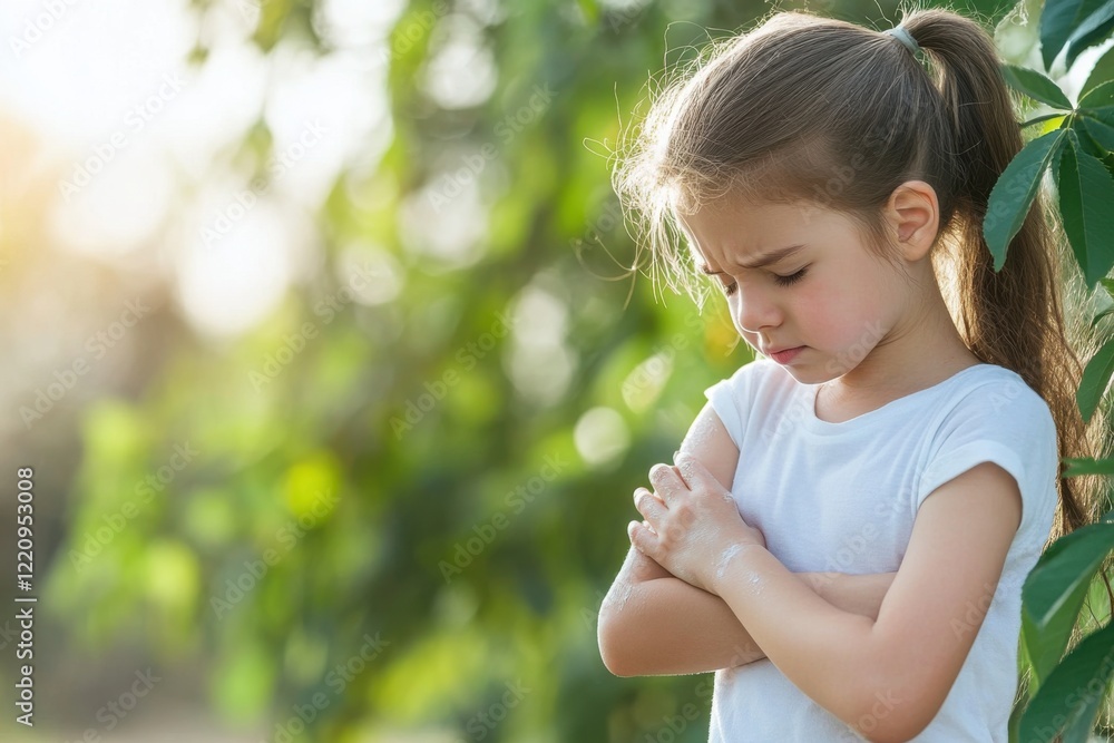 Young girl experiences allergy symptoms while playing in a sunny park surrounded by lush greenery and blooming plants Young girl experiences allergy symptoms while playing in a sunny park surrounded by lush greenery and blooming plants