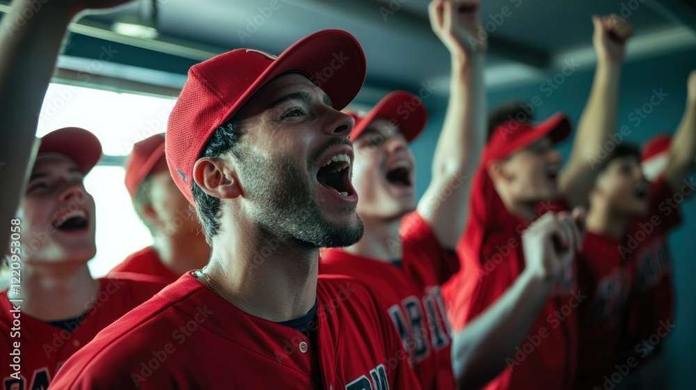 Fototapeta premium A baseball team singing the team anthem in the locker room before heading onto the field.