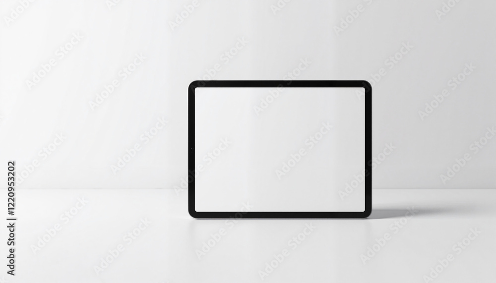 Empty tablet screen on minimalist white surface Empty tablet screen on minimalist white surface