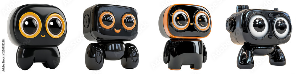 cute cartoon and clipart concept. Four cute, cartoonish robots with big eyes in various designs and colors. cute cartoon and clipart concept. Four cute, cartoonish robots with big eyes in various designs and colors.