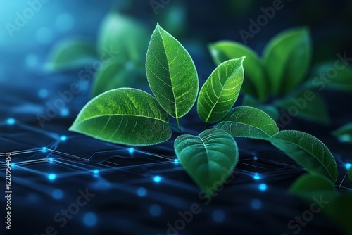 Explore the seamless fusion of nature's vitality and cutting-edge technology with this captivating image Witness vibrant green leaves growing above a glowing tech network, a visual metaphor for