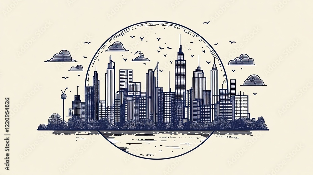 Obraz premium Circular cityscape line drawing, simple and stylish illustration