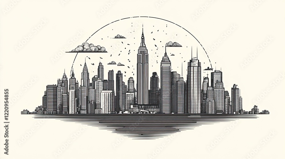 Naklejka premium Circular cityscape line drawing, simple and stylish illustration