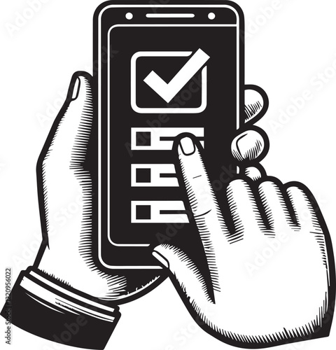 hand holding smartphone with checklist silhouette vector illustration