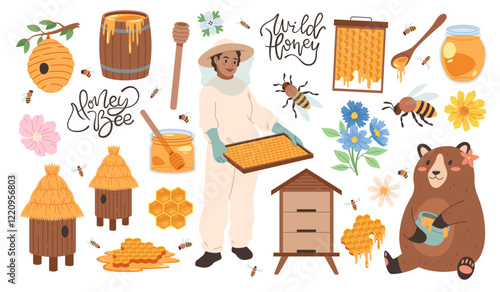 Honey products. Funny beekeeper, woman in protective suit, holds honeycomb, bees, beehives, flowers and bear, apiary icons, hand drawn lettering, cartoon flat isolated tidy vector set