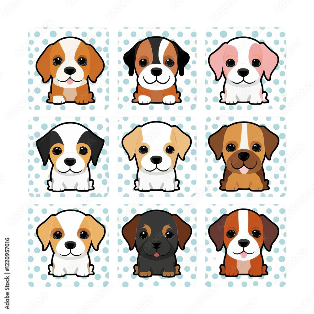 Obraz premium A grid of nine cute cartoon puppies with various fur patterns and colors, showcasing their playful expressions.