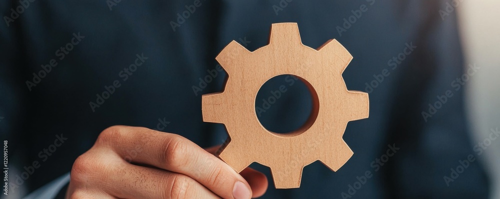 A person holds a wooden gear symbolizing industry, innovation, and teamwork in a professional setting. A person holds a wooden gear symbolizing industry, innovation, and teamwork in a professional setting.