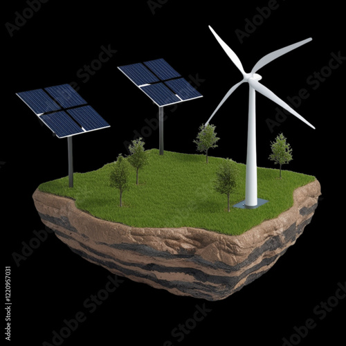 Eco green energy 3d Solar panels and  wind turbine, solar pane, green energy