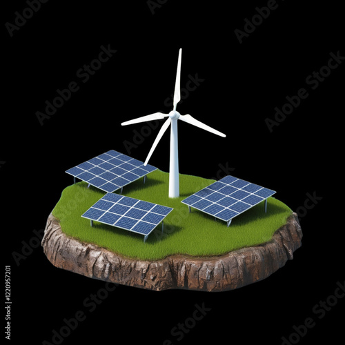 Eco green energy 3d Solar panels and  wind turbine, solar pane, green energy