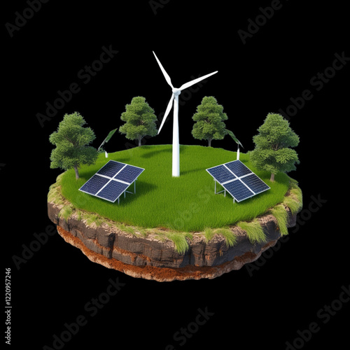 Eco green energy 3d Solar panels and  wind turbine, solar pane, green energy