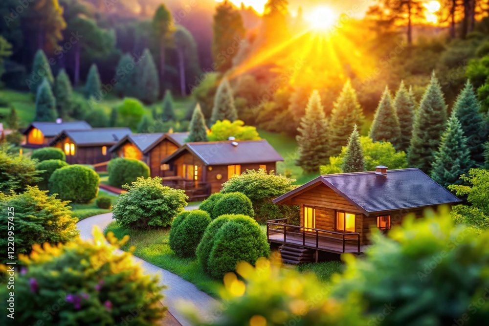 Obraz premium Luxurious Eco Cabins Sunset Greenery Tilt-Shift Photography