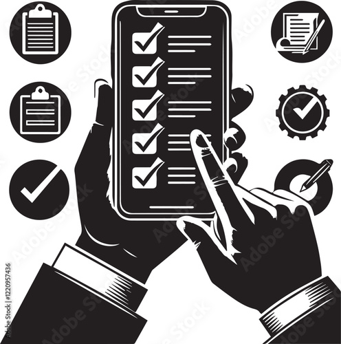 hand holding smartphone with checklist silhouette vector illustration