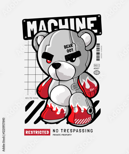 machine slogan with cartoon bear robot toy graphic vector illustration