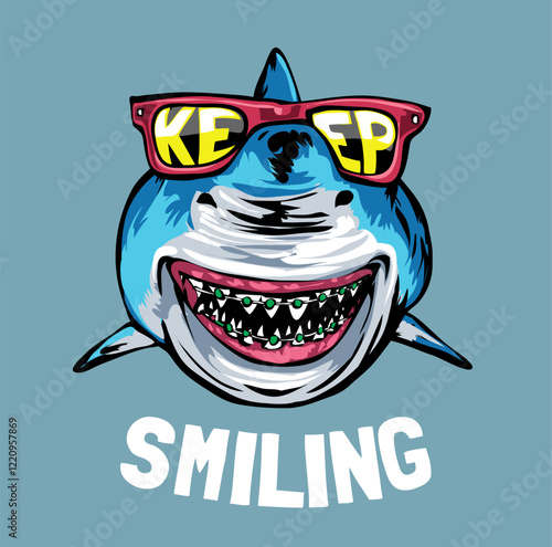 keep smiling slogan with cartoon shark in sunglasses and teeth braces vector illustration