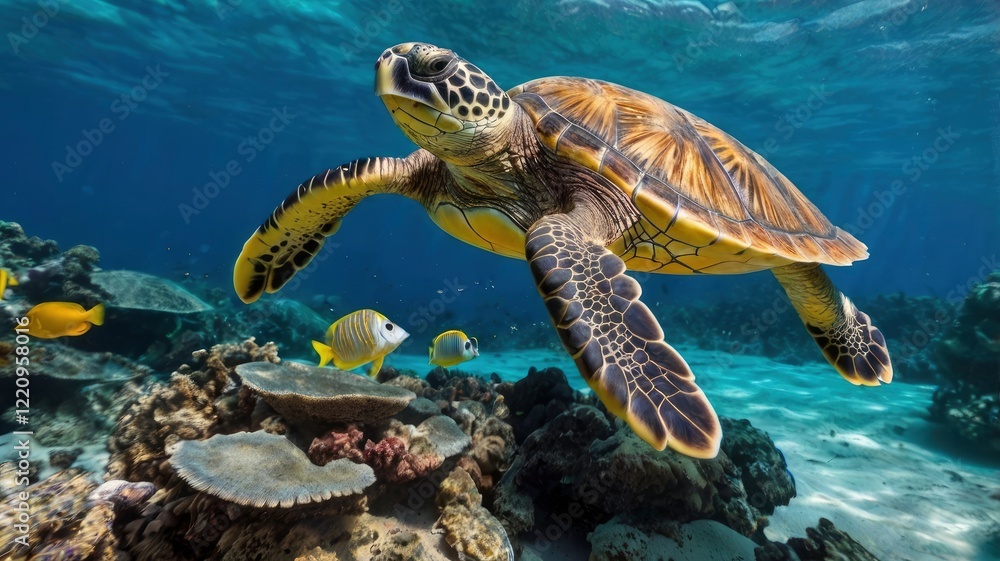 Fototapeta premium beautiful turtles are swimming with beautiful fish around the coral reef