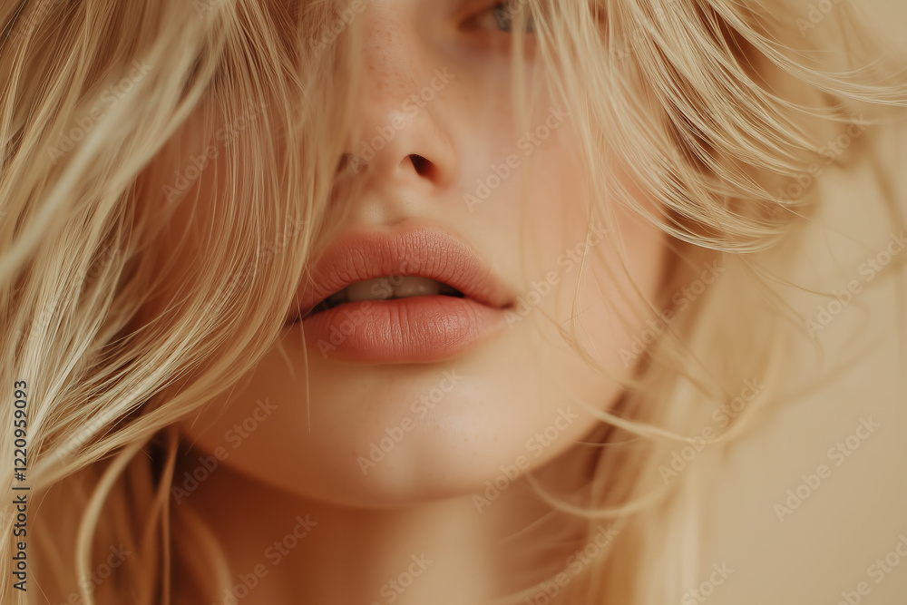 Naklejka premium Sensual young woman with healthy glossy shiny blonde hair close up detail texture, commercial photography. Natural hairdressing procedure.