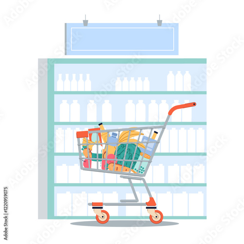 Grocery cart against background of supermarket shelves. Fresh fruits and vegetables, milk products and meat, canned food. Trolley in shop. Cartoon flat style isolated vector concept