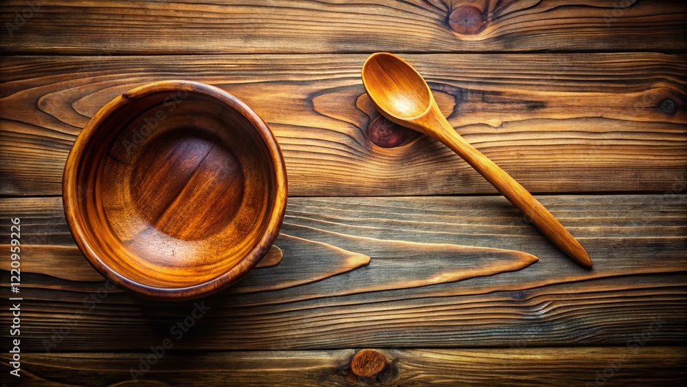 Rustic Empty Wooden Bowl and Spoon on Table - Top View Stock Photo Rustic Empty Wooden Bowl and Spoon on Table - Top View Stock Photo