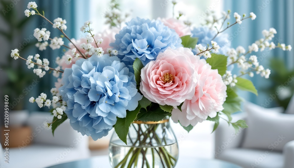 Elegant Pastel Hydrangeas and Roses in Glass Vase: A Serene Floral Arrangement Elegant Pastel Hydrangeas and Roses in Glass Vase: A Serene Floral Arrangement