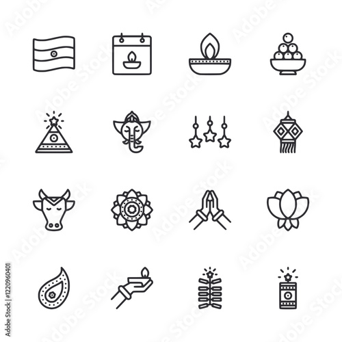 A set of icons that include a cow, a flower, a star, a bell, a cow, a cow, a cow