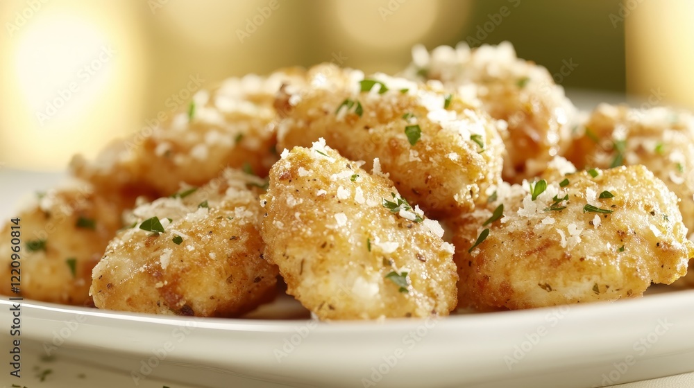 Close up of crispy garlic parmesan chicken bites on a white plate with fresh parsley and cheese Close up of crispy garlic parmesan chicken bites on a white plate with fresh parsley and cheese
