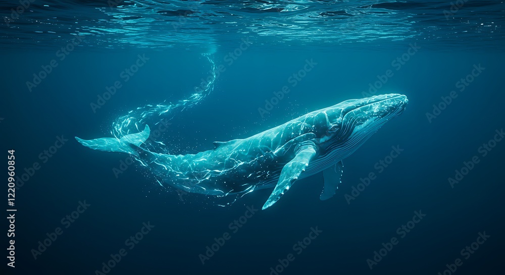 Fototapeta premium Majestic blue humpback whale swimming gracefully underwater with light reflecting off its textured skin, creating a shimmering effect, concept for ocean conservation, marine life exploration and