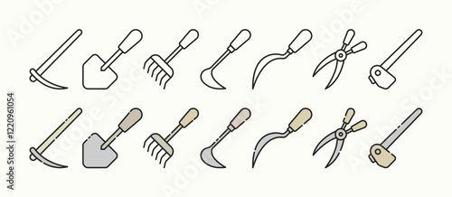 Minimalist Flat Icon Set for Essential Garden Tools with Outline and Illustration Variations