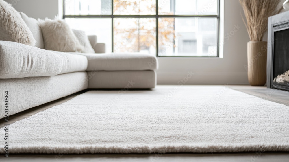 Fototapeta premium A white rug is on the floor in a living room