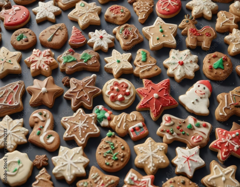 Assortment of delicious Christmas cookies in various shapes and designs, baking, sweet, decoration Assortment of delicious Christmas cookies in various shapes and designs, baking, sweet, decoration