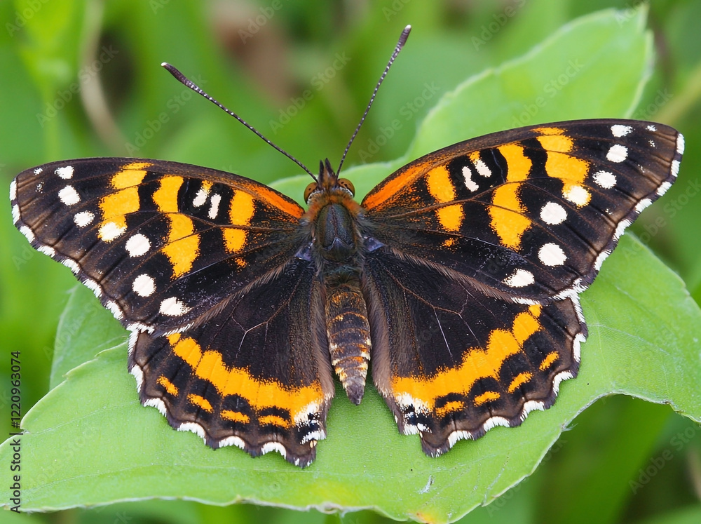 Close-up of an orange and black butterfly with white dotted wings resting on a green leaf in a tropical forest Close-up of an orange and black butterfly with white dotted wings resting on a green leaf in a tropical forest