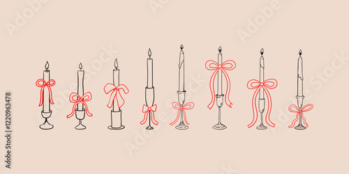 Set of hand drawn vintage elegant candles with red outline bows. Vector illustration in retro sketch parisian style