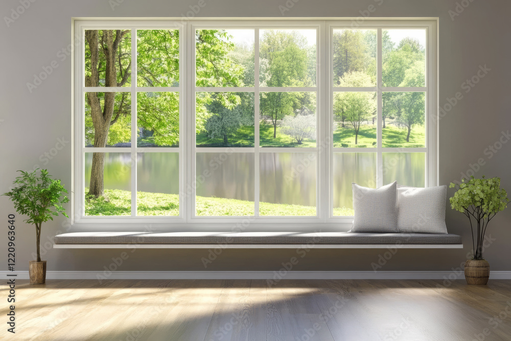 Fototapeta premium Bright and serene view of a peaceful lake through a large window on a sunny day