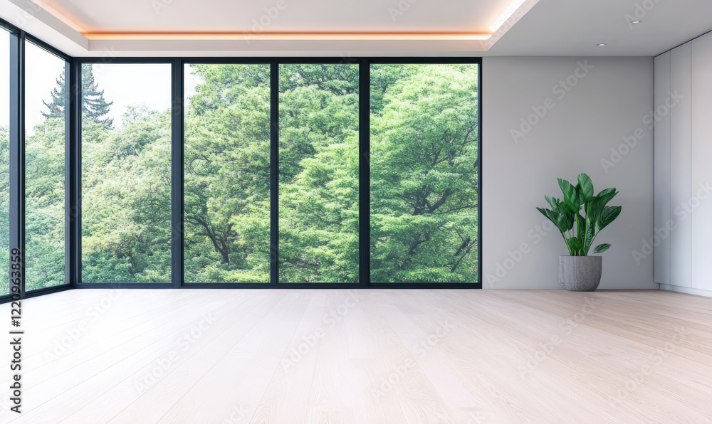 Fototapeta premium Modern interior space with large windows overlooking lush greenery in bright daylight