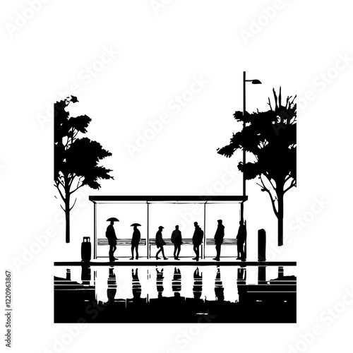People Waiting At Bus Stop Vector Logo Design