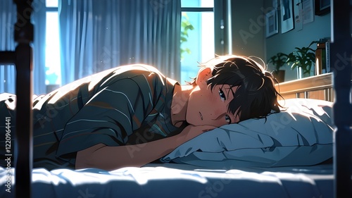 emotional anime illustration of a young boy resting in bed, sunlight streaming through curtains in a serene room