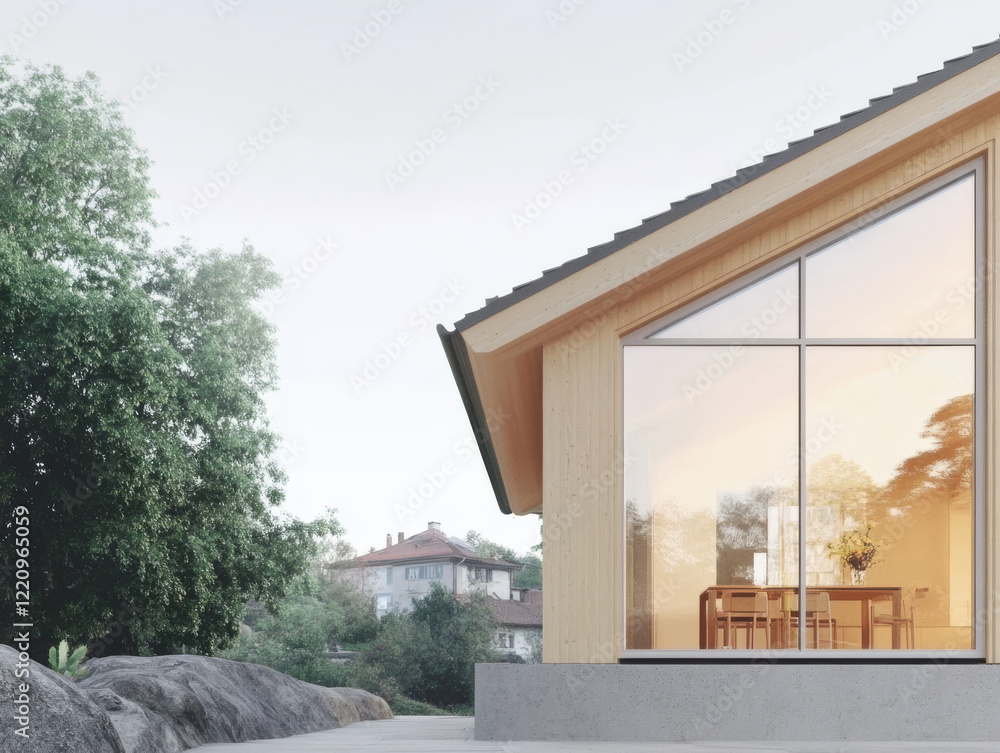 Fototapeta premium Modern wooden house with large windows in tranquil natural setting at sunrise