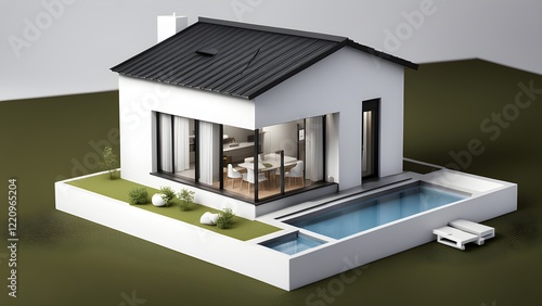 Modern minimalist house with swimming pool and garden, 3D rendering.