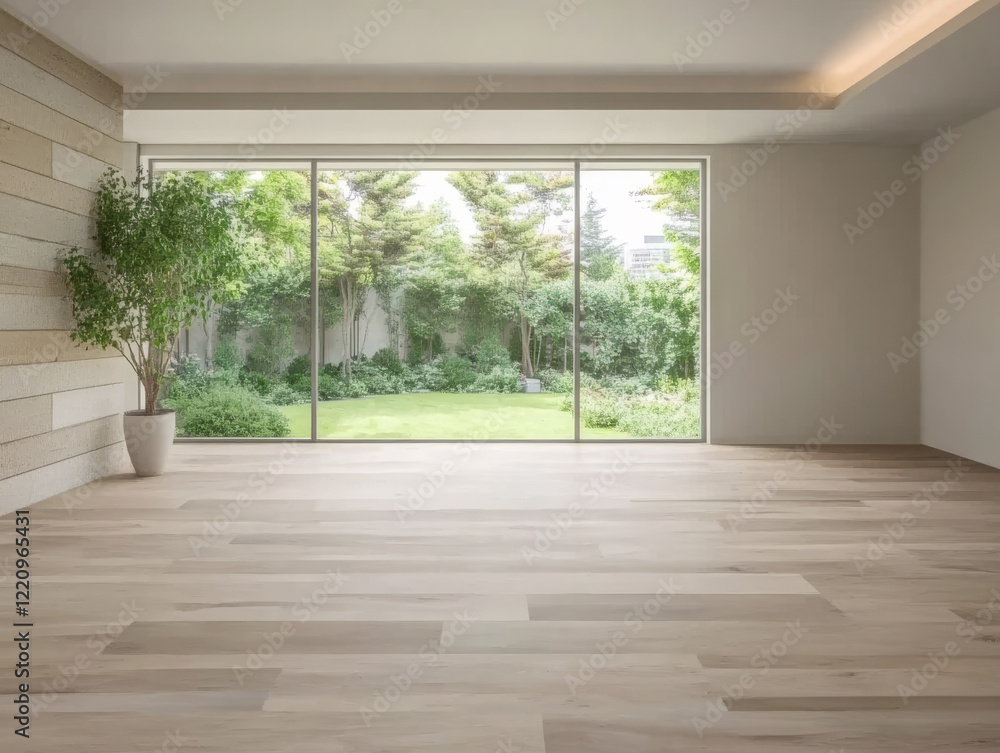 Fototapeta premium Bright modern living room with large windows overlooking a lush garden view