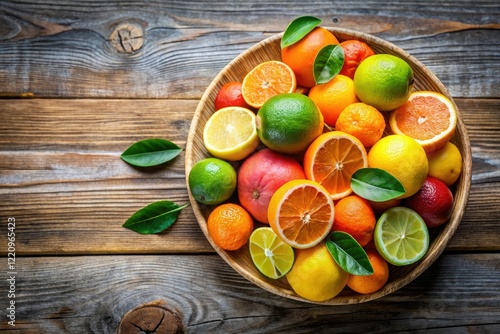 Quadro su tela Brightly colored citrus fruits arranged in a bowl, isolated on a wooden table, e