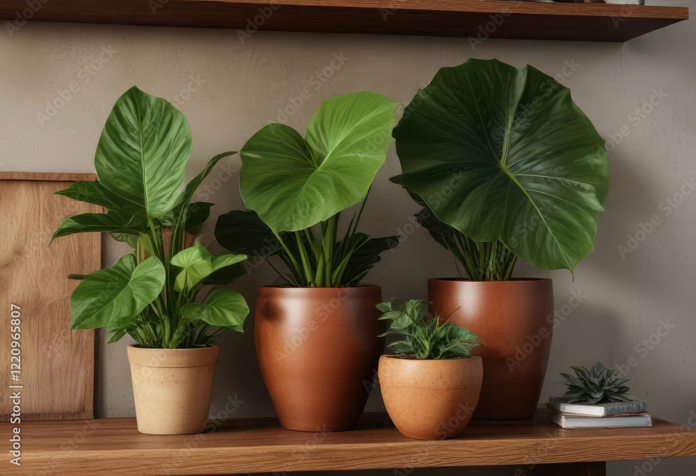Brown pot with Alocasia and other plants on the wooden shelf, leafy greens, greenhouses, foliage Brown pot with Alocasia and other plants on the wooden shelf, leafy greens, greenhouses, foliage