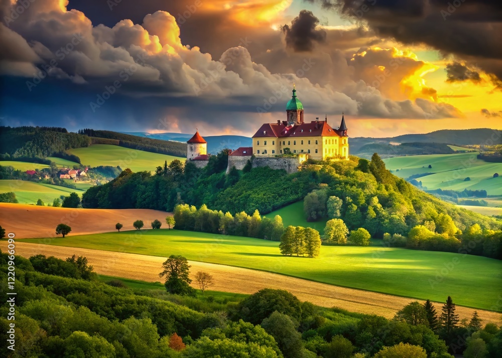 Naklejka premium Majestic Central Bohemian Uplands Chateau, Rolling Hills, Dramatic Sky, Czech Republic