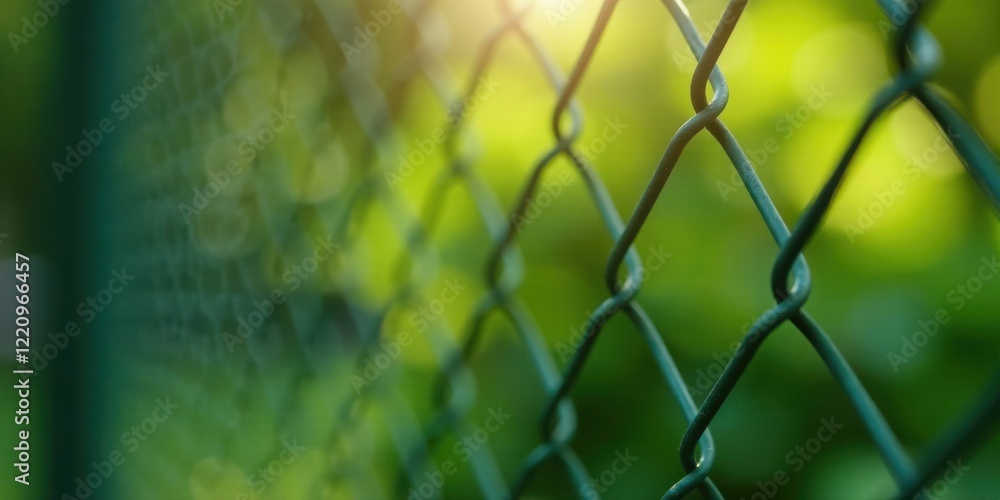 Naklejka premium Sunlit Green Chain Link Fence Close-Up Showing Interwoven Metal Wires Against a Soft Focus Background of Lush Greenery