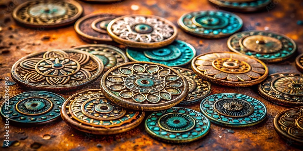 Fototapeta premium Rusty Metal Tokens: Intricate Circular Designs on Weathered Background - Stock Photo