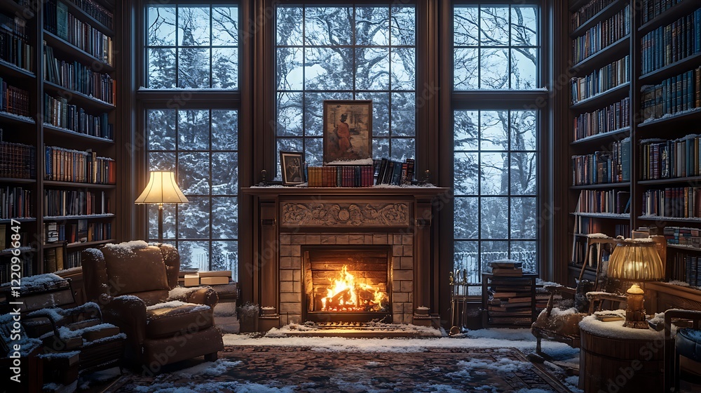 Cozy library with fireplace, bookshelves, and snow scene viewed through large windows. Cozy library with fireplace, bookshelves, and snow scene viewed through large windows.