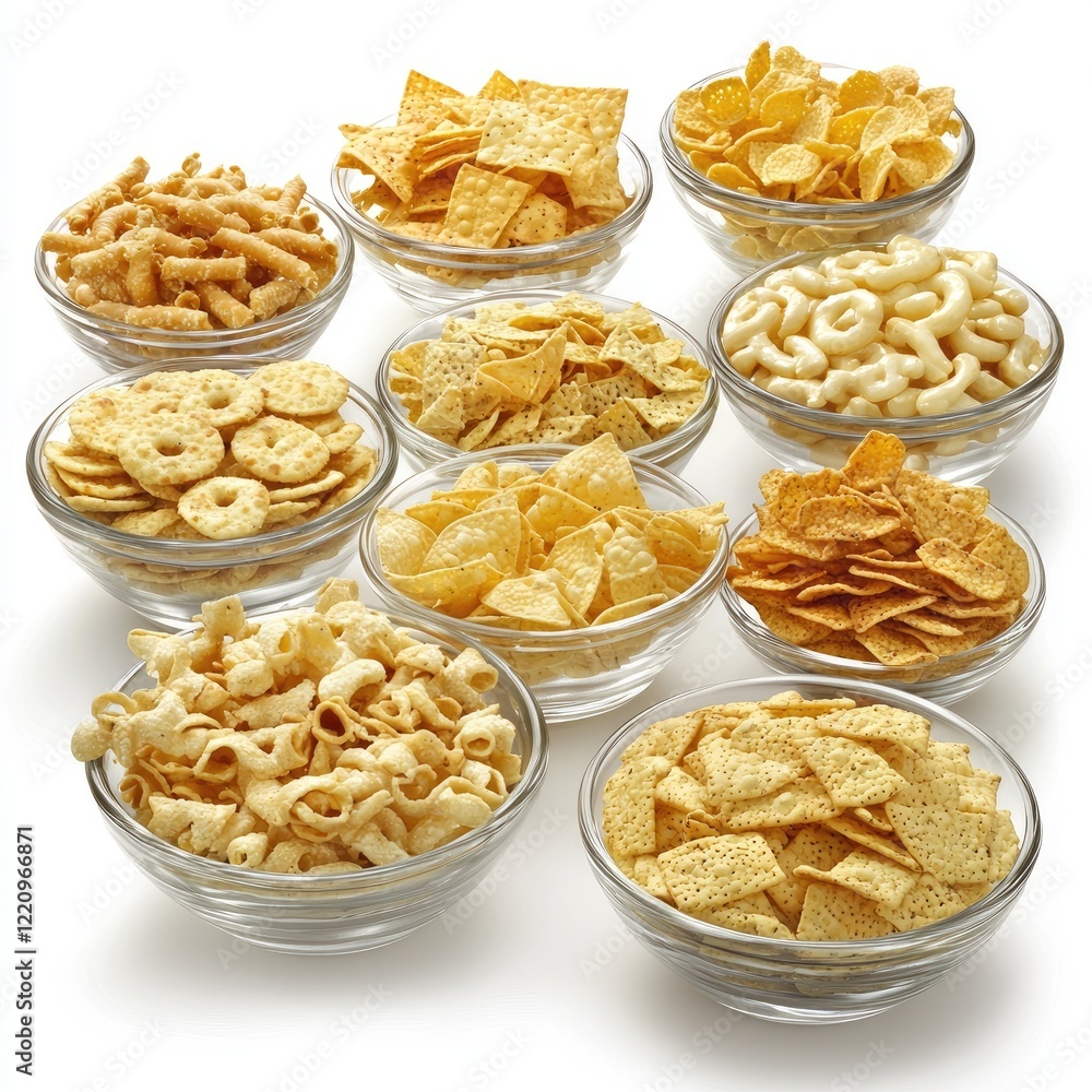 Assorted crispy snacks in bowls. Perfect for packaging or recipe websites Assorted crispy snacks in bowls. Perfect for packaging or recipe websites
