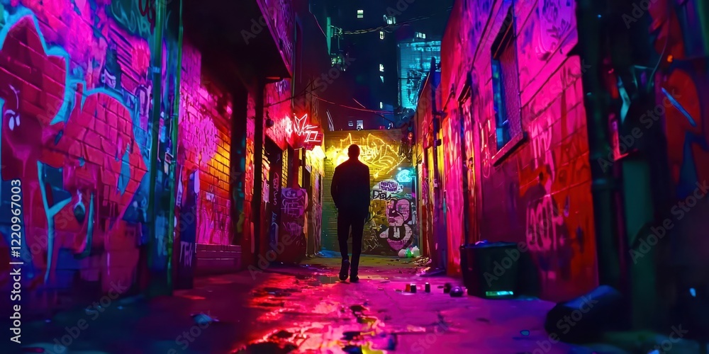 Man walks down a graffiti-covered alleyway Man walks down a graffiti-covered alleyway