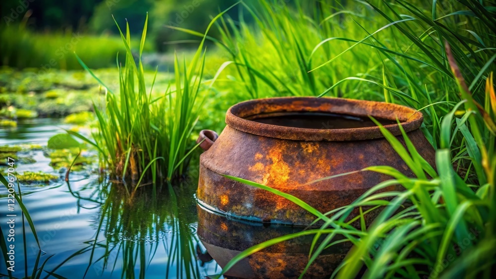 Fototapeta premium Rusty Vintage Iron Furnace Pot with Water, Hidden in Grass - Close-Up Stock Photo